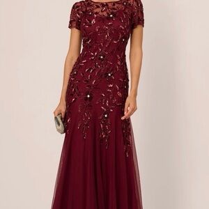 Adrianna Papell Hand Beaded Short Sleeved Burgundy Gown tailored for 5’2” height
